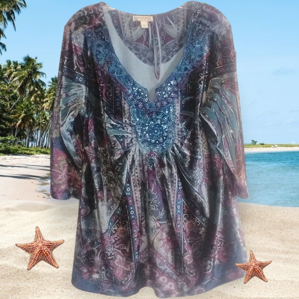 Vintage Womens 2X Velvet Glitter‎ Beads Multicolor Bohemian 3/4 Sleeve Blouse